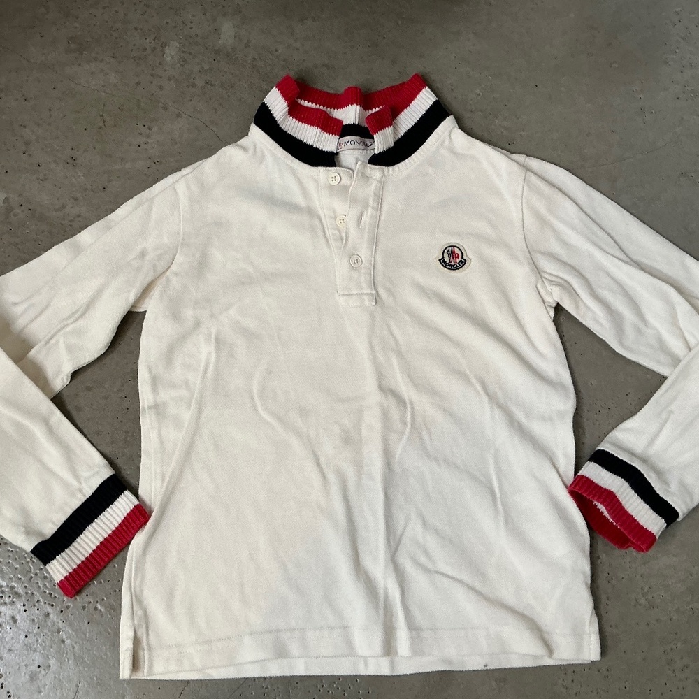 Moncler White Long Sleeve Polo with Red & Navy Trim